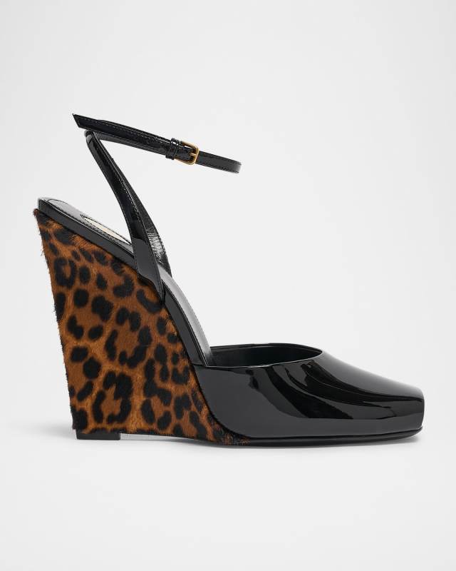 Le Scandale Patent Leopard Wedge Sandals